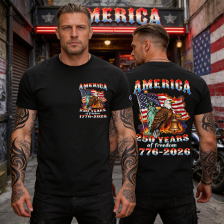 America : 250 years of Freedom – Flag/liberty/Eagle/ Bell - Front/Back Design - Champion Cotton Tee - (4 colors)