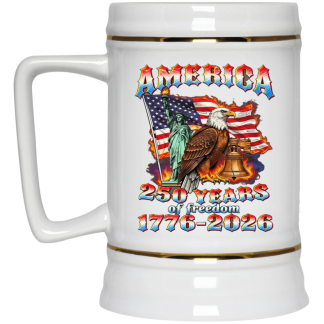 America : 250 years of Freedom - Flag/liberty/Eagle/ Bell Double Sided Design - Ceramic Beer Stein 22oz.