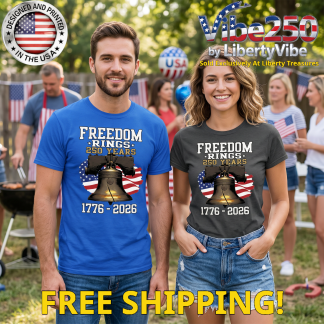 Freedom Rings 250 Years : Liberty Bell Over Flag Design - Unisex Gildan Tee (9 Colors)