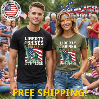 Liberty Shines 250 Years : Statue Of Liberty Over Flag Design - Unisex Gildan Cotton Tee (9 Colors)