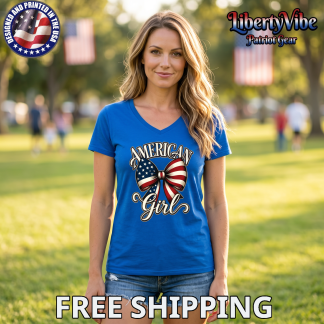 American Girl Bowtie Design Gildan Ladies' Cotton V-Neck