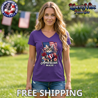 American Made Cat Flag Floral Design Gildan Ladies' V-Neck