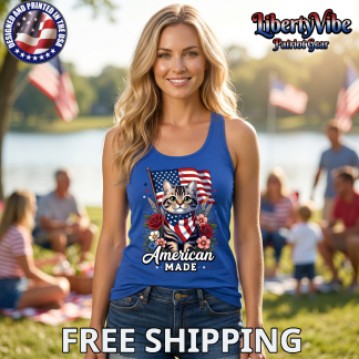American Made Cat Flag Floral Design Sport-Tek Ladies Tank