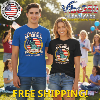 250 Years America Anniversary - Lady Liberty Over Flag And Golden Wreath - Unisex Gildan Cotton Tee (9 Colors)