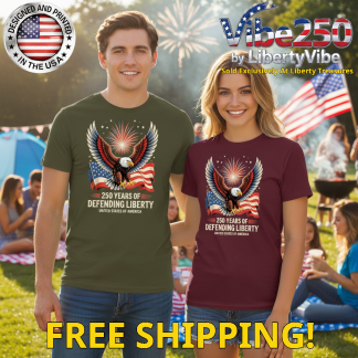 250 Years Of Defending Liberty - Soaring Eagle over Flag And fireworks - Unisex Gildan Cotton Tee (9 Colors)
