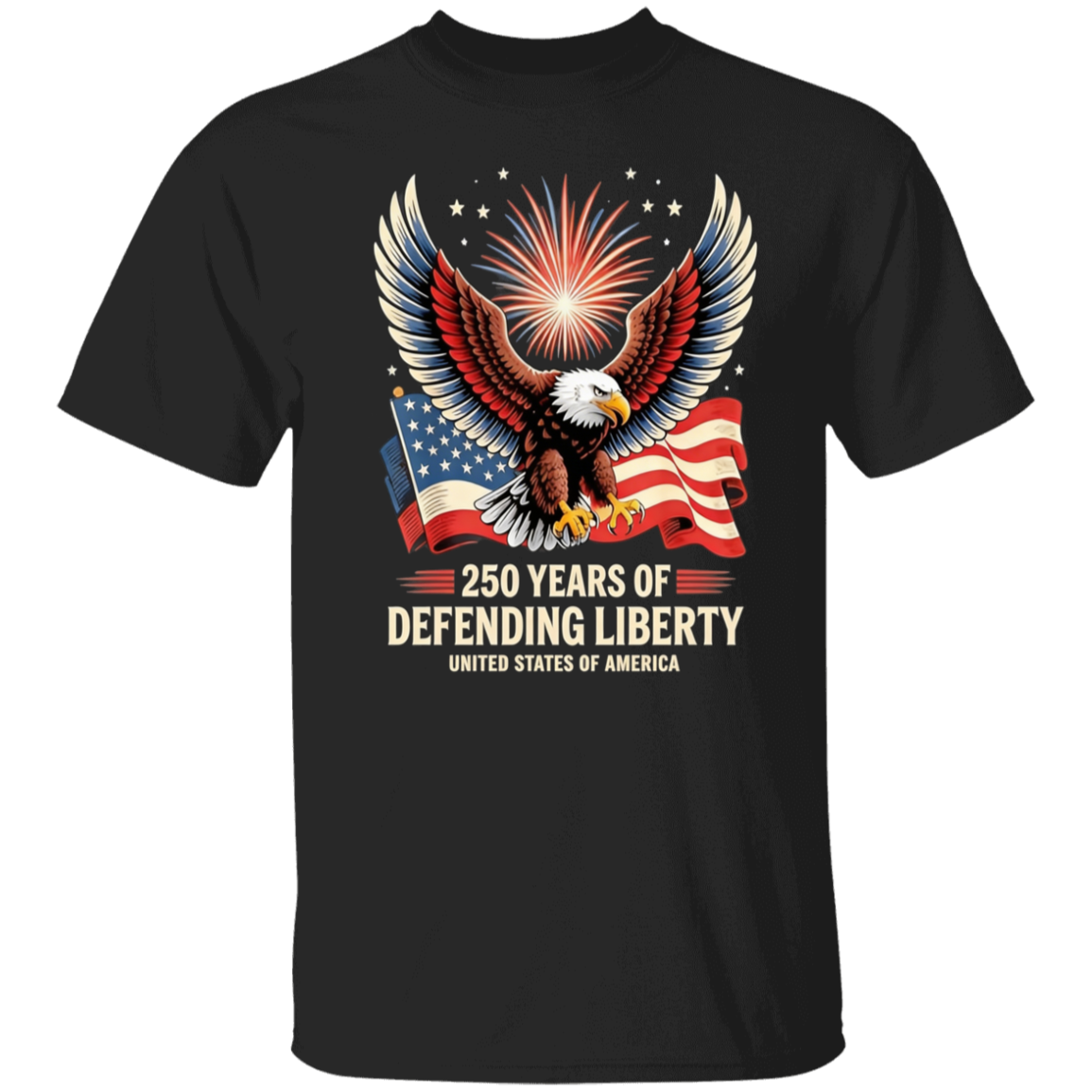 250 Years Of Defending Liberty - Soaring Eagle over Flag And fireworks - Unisex Gildan Cotton Tee (9 Colors) - Image 2