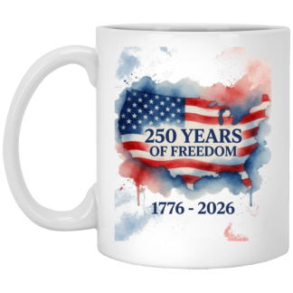 250 Years Of Freedom 1776-2026 : Watercolor US Flag Map Design - 11oz Ceramic White Mug