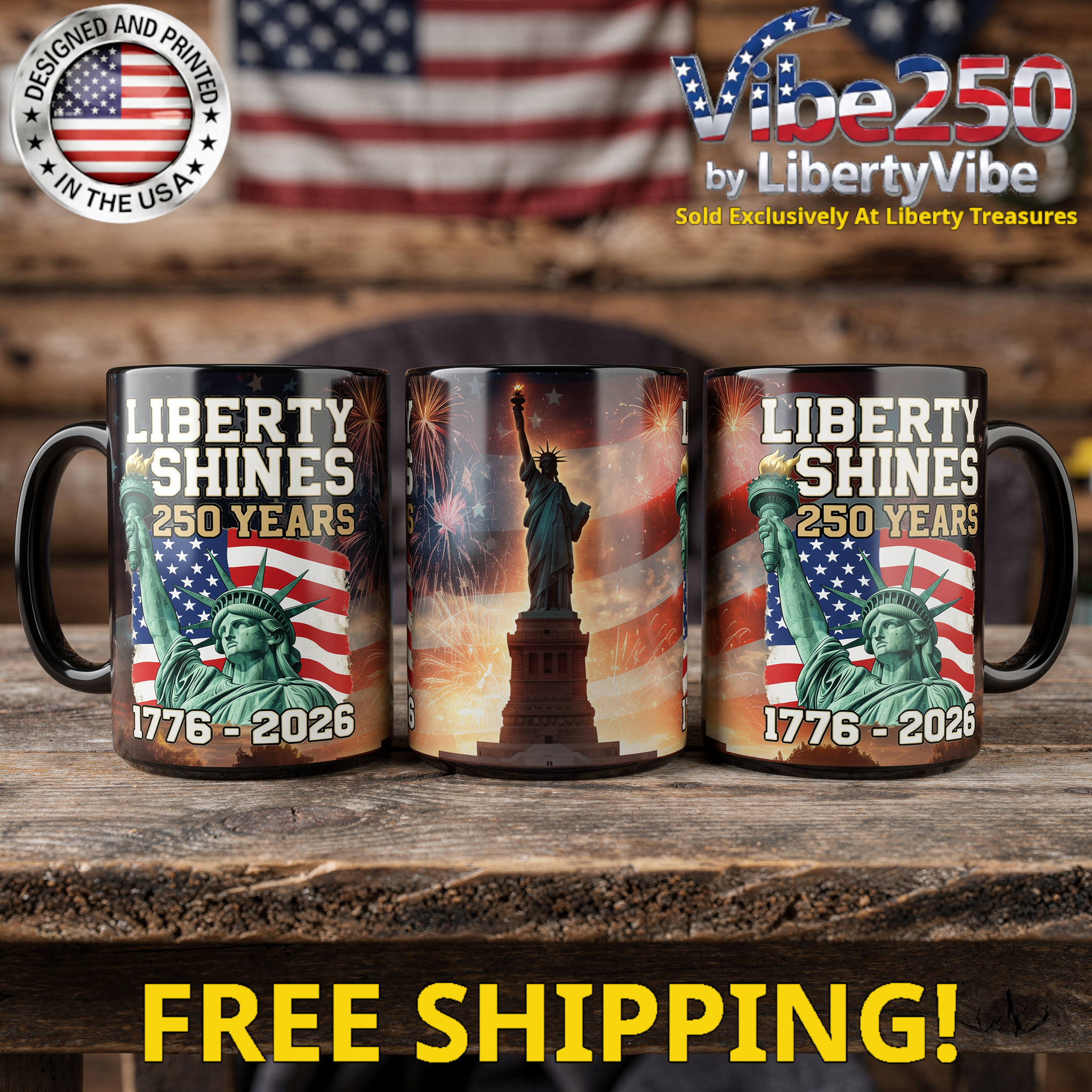 Liberty Shines 250 Years : Statue Of Liberty Over Flag Design Full Wrap 11oz Black Mug