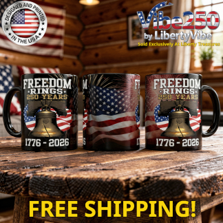 Freedom Rings 250 Years : Liberty Bell Over Flag Design Full Wrap 11oz Black Mug