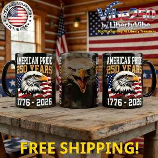 American Pride 250 Years : Eagle Over Flag DesignFull Wrap 11oz Black Mug