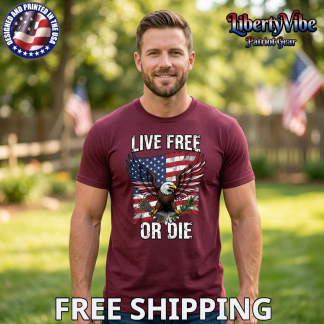 Live Free Or Die Freedom Eagle Over Flag Gildan Men's T-Shirt
