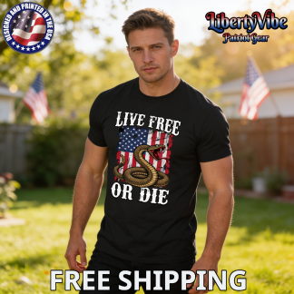 Live Free Or Die Gadsden Snake Over Distressed Flag Gildan Men's T-Shirt