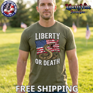 Liberty Or Death Gadsden Snake Over Flag Gildan Men's T-Shirt
