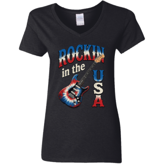 Rockin In The USA Flagburst Guitar Ladies Gildan V-neck T-Shirt