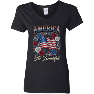 America The Beautiful Flag And Flowers Ladies' V-Neck Gildan T-Shirt
